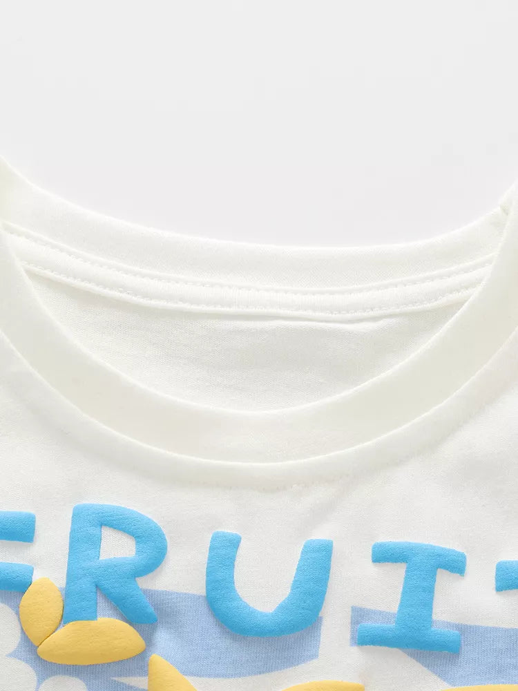 Baby white cotton tee with colorful fruit graphic and blue lettering.