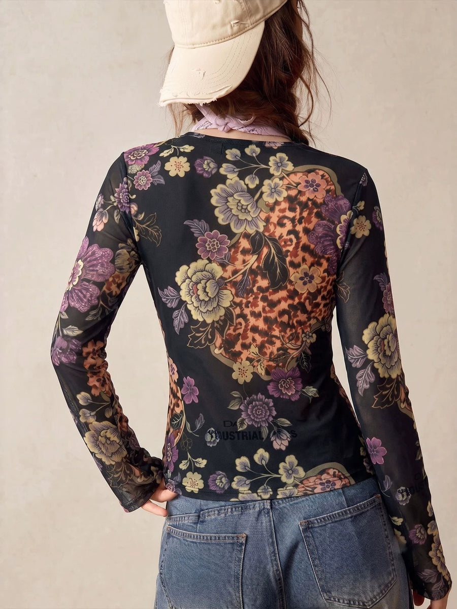 Printed Flare Sleeve Button Down Top in pink with mesh