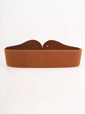 Caramel elastic waist cincher belt with sculpted metalwork detail