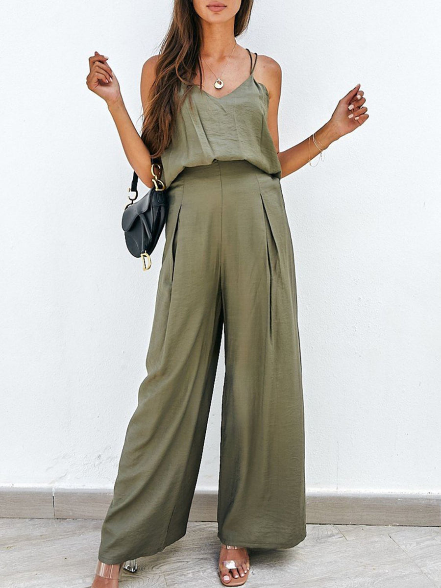 Matcha green cami and pleated palazzo pants set with spaghetti straps and wide legs.
