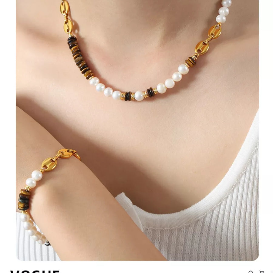 Tiger's Eye Freshwater Pearl 18k Gold-plated Necklace in gold