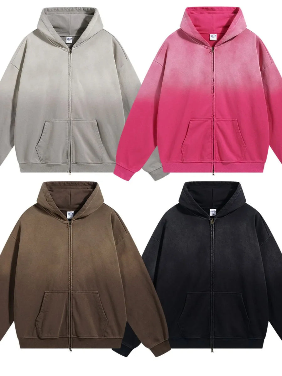 Oversized zip-up hoodie in black, gray, coffee brown, and hot pink with vintage wash effect.