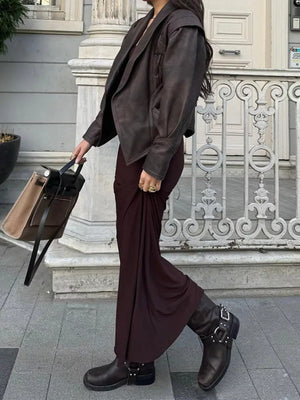 Coffee Brown Belted Leather Jacket With Shawl Collar
