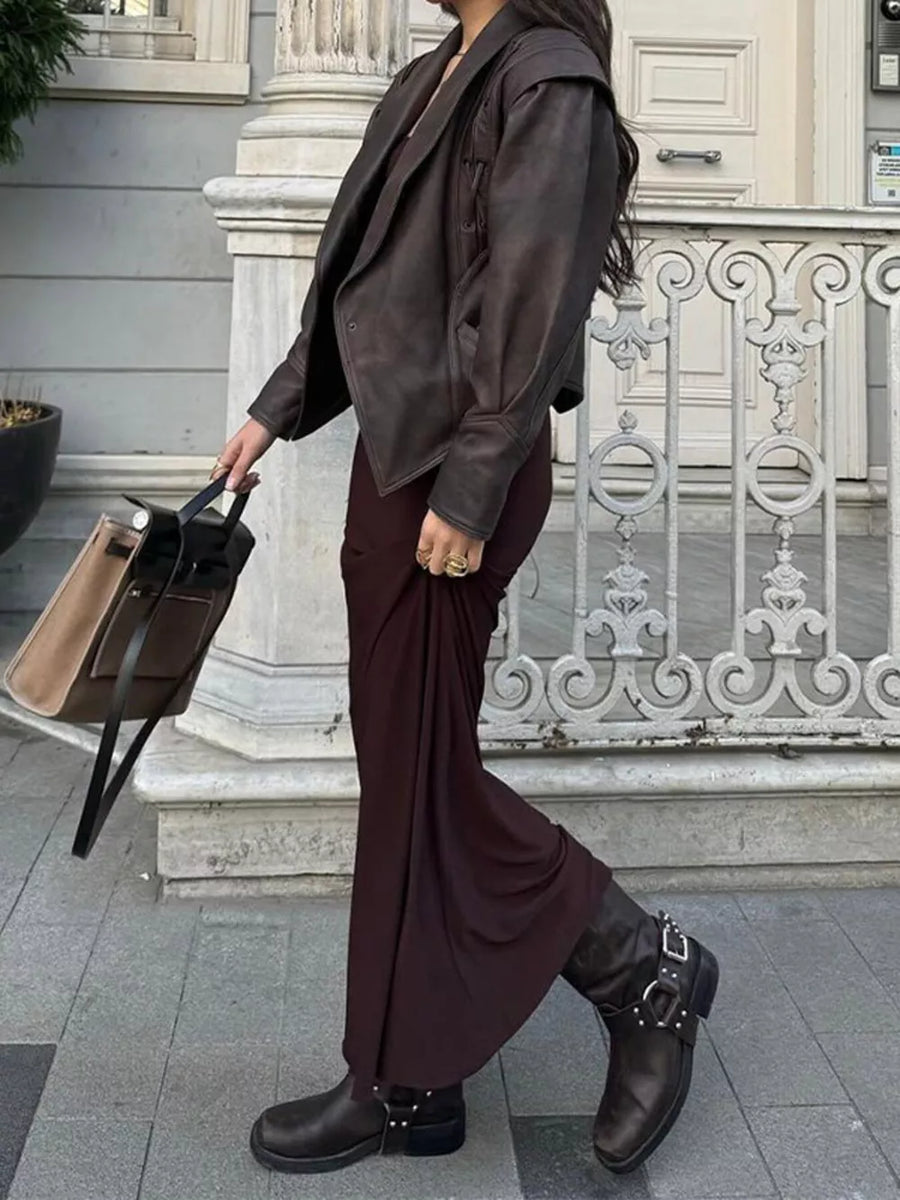 Coffee Brown Belted Leather Jacket With Shawl Collar