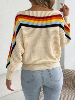 pullover sweater in Beige with striped and ribbed stretch