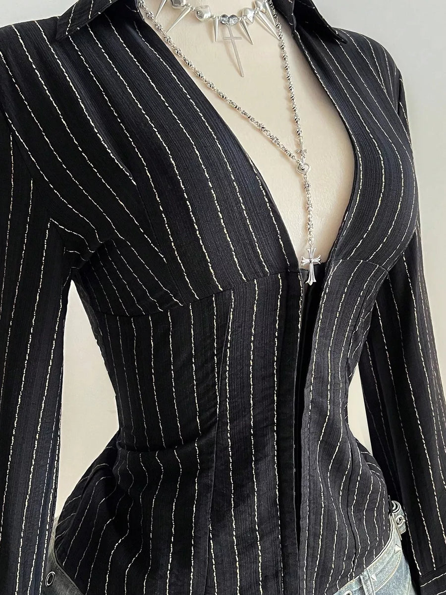 Striped Long Sleeve Fitted Blouse option 8
