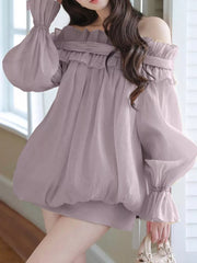 Light purple off-shoulder ruffled maternity blouse with billowy sleeves and elastic cuffs.