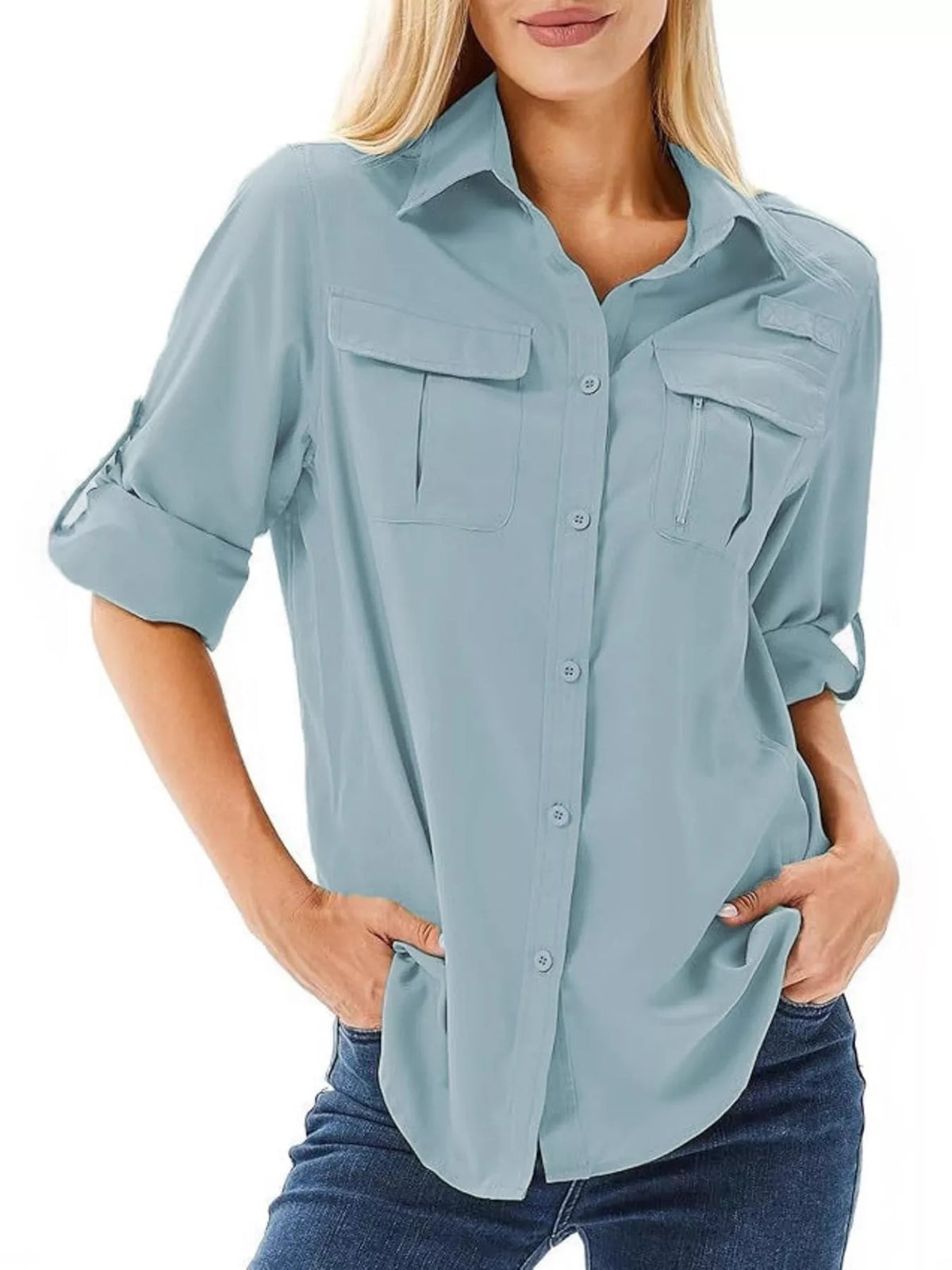Sky blue button-up shirt with roll-up sleeves and chest pockets