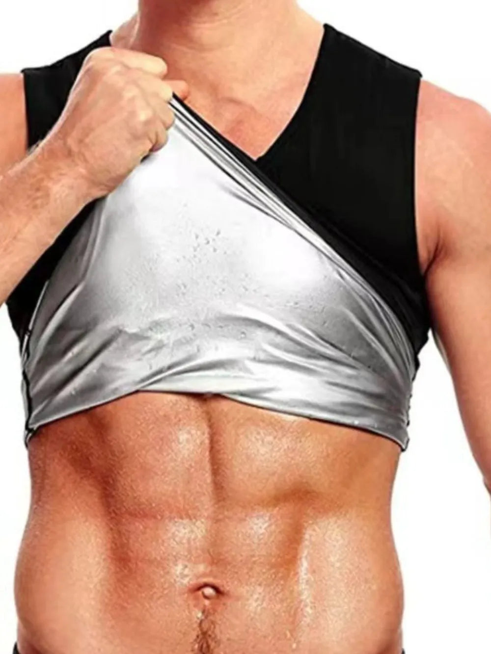 Thermal sculpting vest in silver with black outer layer, V-neck, sleeveless activewear.
