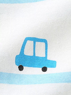 Toddler top and shorts set with blue vehicle print on white cotton with blue stripes.