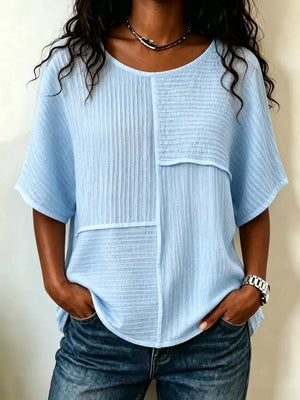 Light Yellow Full Size Texture Round Neck Half Sleeve Blouse