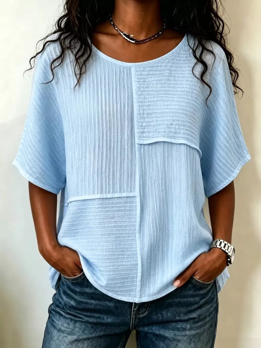 Light Yellow Full Size Texture Round Neck Half Sleeve Blouse