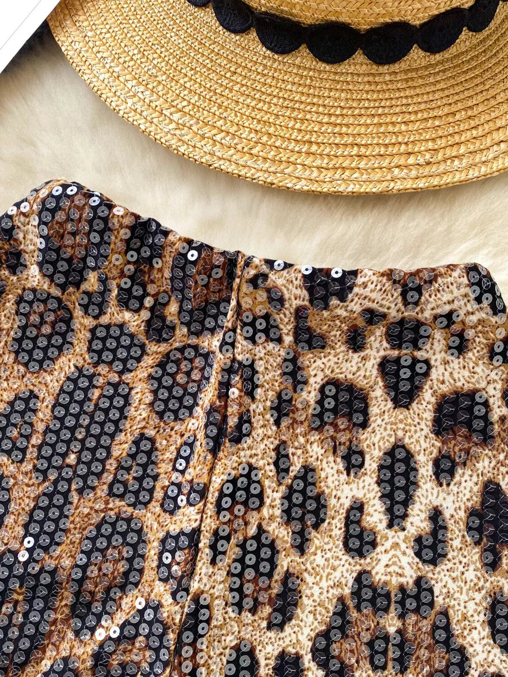 Radiant animal print sequin chino shorts with a comfortable cotton blend.