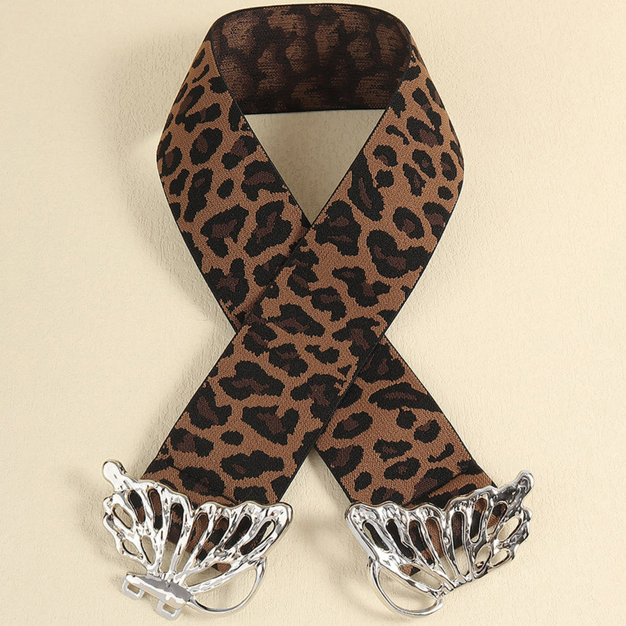 Leopard print elastic belt with silver butterfly buckle detail