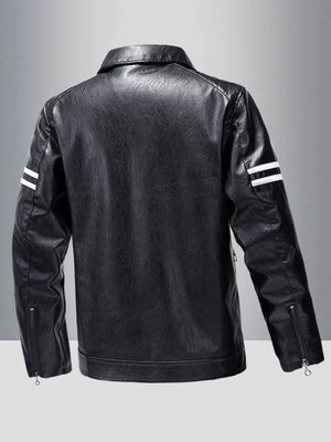 Men's black leather motorcycle jacket with white stripe detail on sleeves.