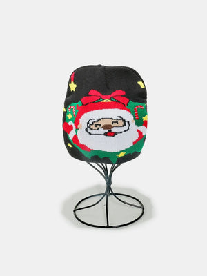 Black acrylic beanie with Santa face, red bow, candy canes, and stars pattern.