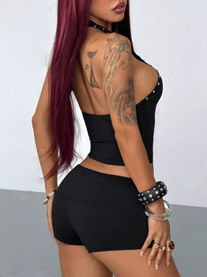 Studded Halter Neck Crop Top And Shorts Set option 5