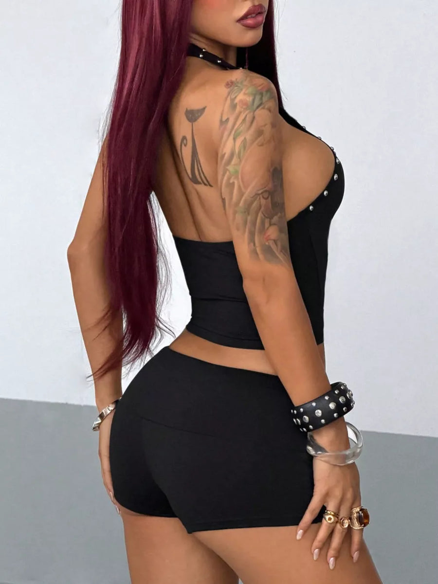 Studded Halter Neck Crop Top And Shorts Set option 5