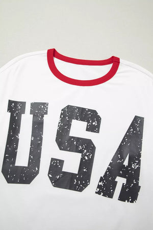 White crew neck t-shirt with distressed black USA graphic and red trim