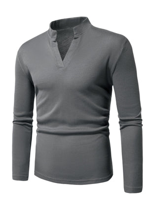 Men's dark gray waffle knit long sleeve t-shirt with notched V-neck