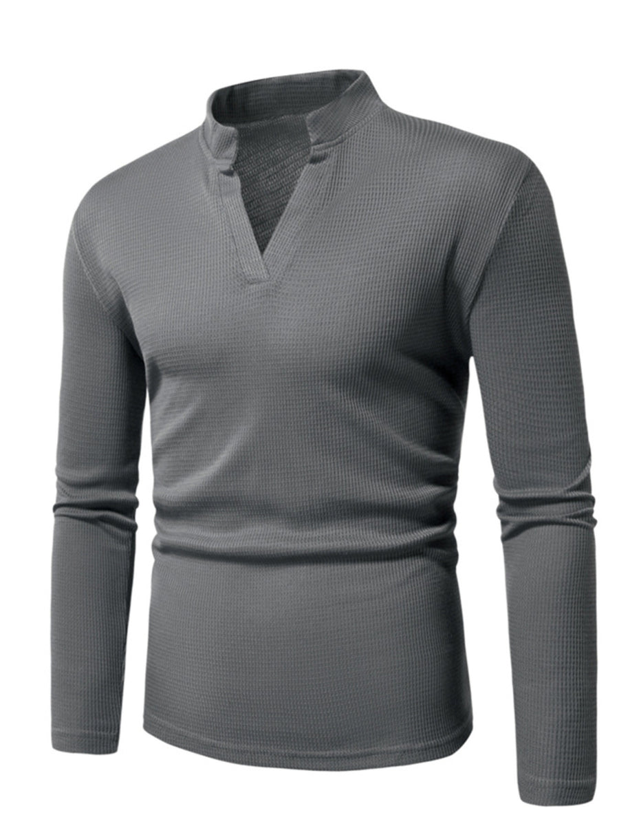 Men's dark gray waffle knit long sleeve t-shirt with notched V-neck