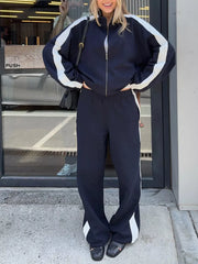 Black with Zip Up Long Sleeve Outerwear And Pants Set in Black
