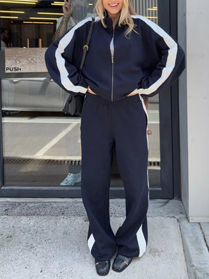 Black with Zip Up Long Sleeve Outerwear And Pants Set in Black