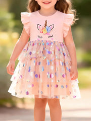 Peach unicorn dress with ruffled sleeves and tiered polka dot tulle skirt.
