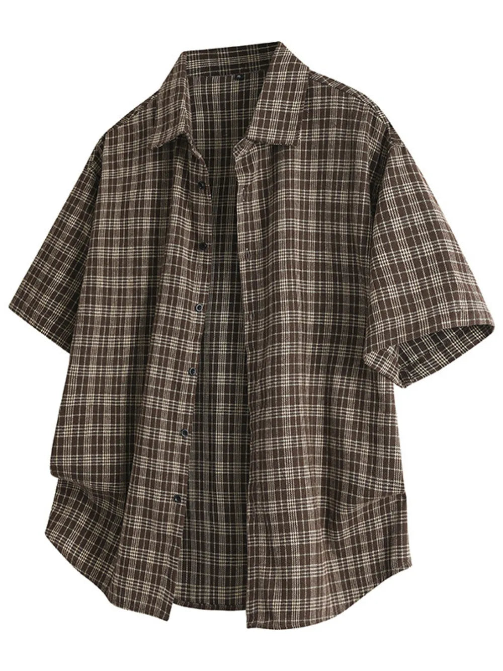 Classic oversized plaid button-front shirt in chocolate brown with short sleeves and a relaxed fit.