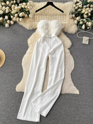 White feather trim strapless wide-leg jumpsuit with belt detail