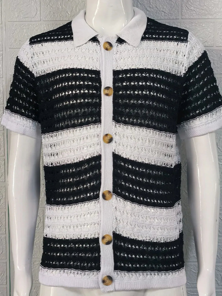 Striped crochet polo shirt in black and white with button front and collar.