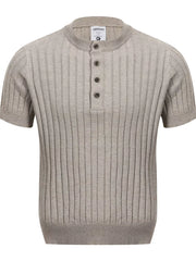 White Men's Short Sleeve Ribbed Henley Top