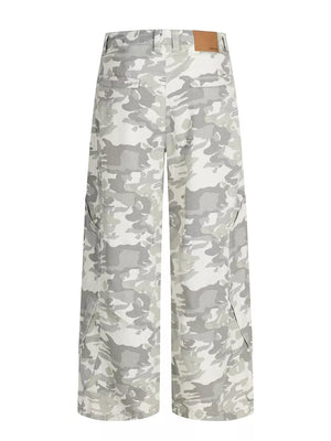 Men's camouflage wide-leg cargo pants with button fly and belt loops.