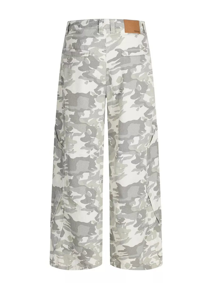 Men's camouflage wide-leg cargo pants with button fly and belt loops.