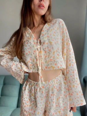 peach lounge set featuring tied and ditsy floral