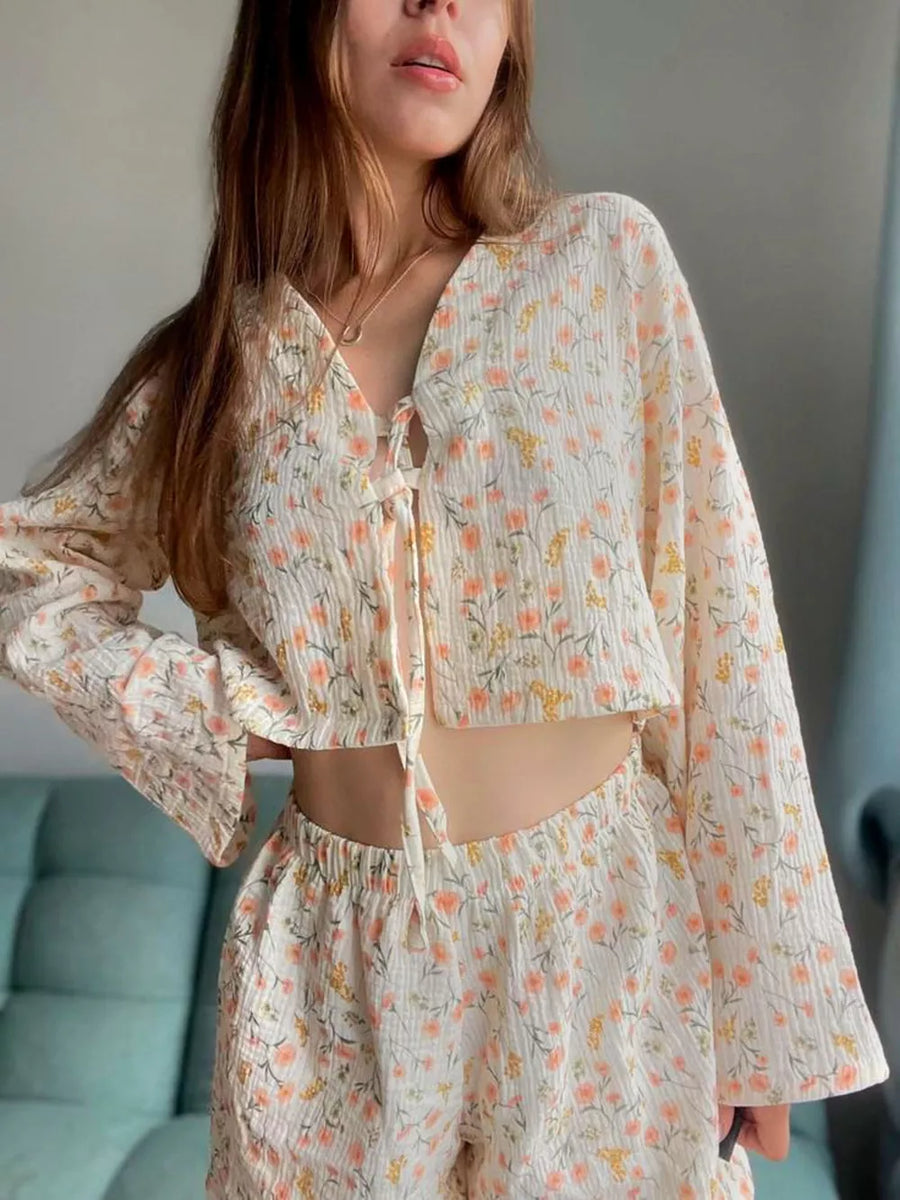 peach lounge set featuring tied and ditsy floral