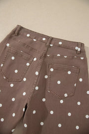 white jeans with zip-front and polka dot