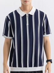 Men's dark navy and white striped cotton quarter-zip polo shirt with white collar and cuffs.