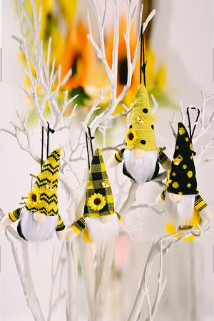 Bee-themed gnome ornaments in yellow with black accents, sunflowers, and bumblebee details.