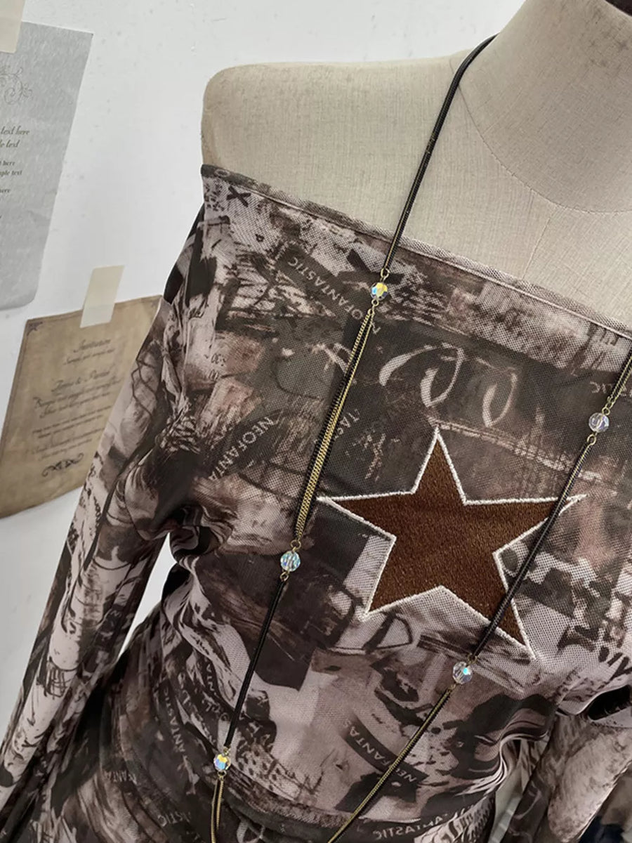 Brown mesh maternity overshirt with graphic print, star detail, and cutout neckline.