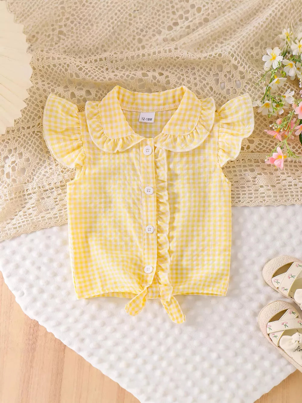 Children's Gingham Ruffle Collar Sleeveless Shirt in Pink