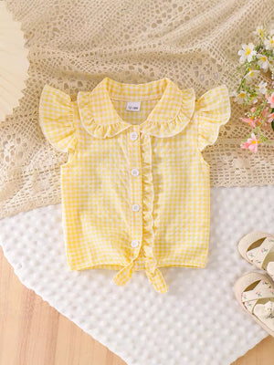 Children's Gingham Ruffle Collar Sleeveless Shirt in Pink