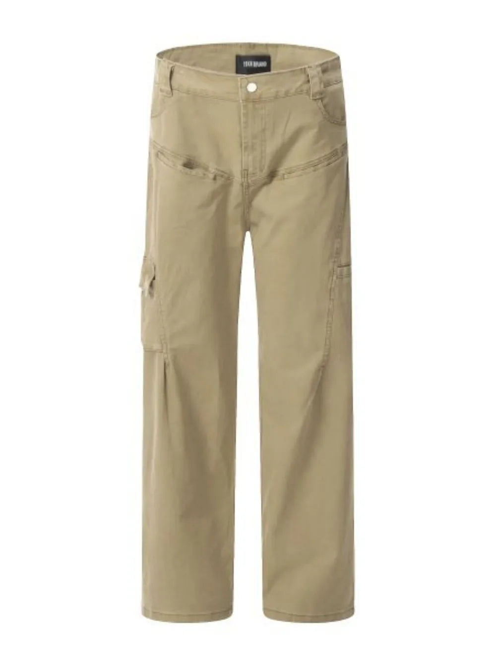 Khaki utility pleated wide-leg cargo pants with multiple pockets.