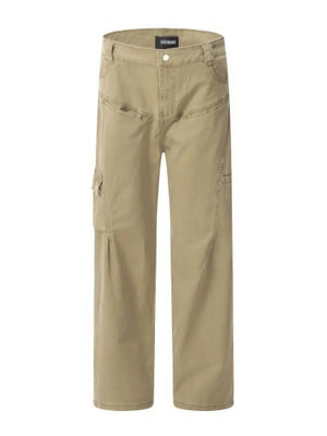 Khaki utility pleated wide-leg cargo pants with multiple pockets.