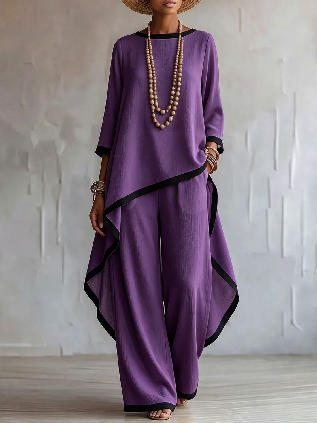 two-piece set in Light Green with contrast trim and tunic-length top, full-length pants