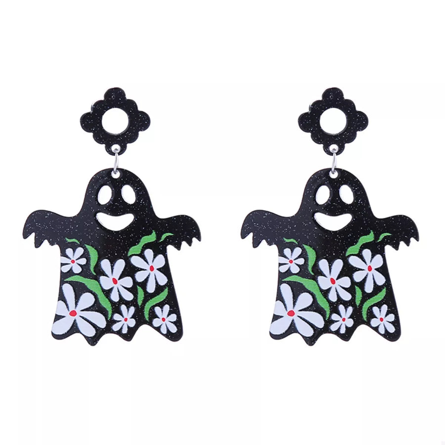 Black acrylic ghost dangle earrings with white flowers and green leaves, Style A