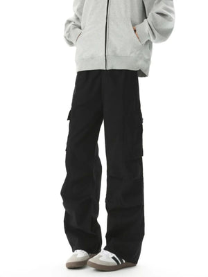 Black relaxed fit utility cargo pants with multiple pockets and a casual style.