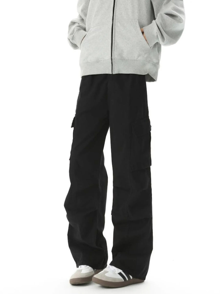 Black relaxed fit utility cargo pants with multiple pockets and a casual style.