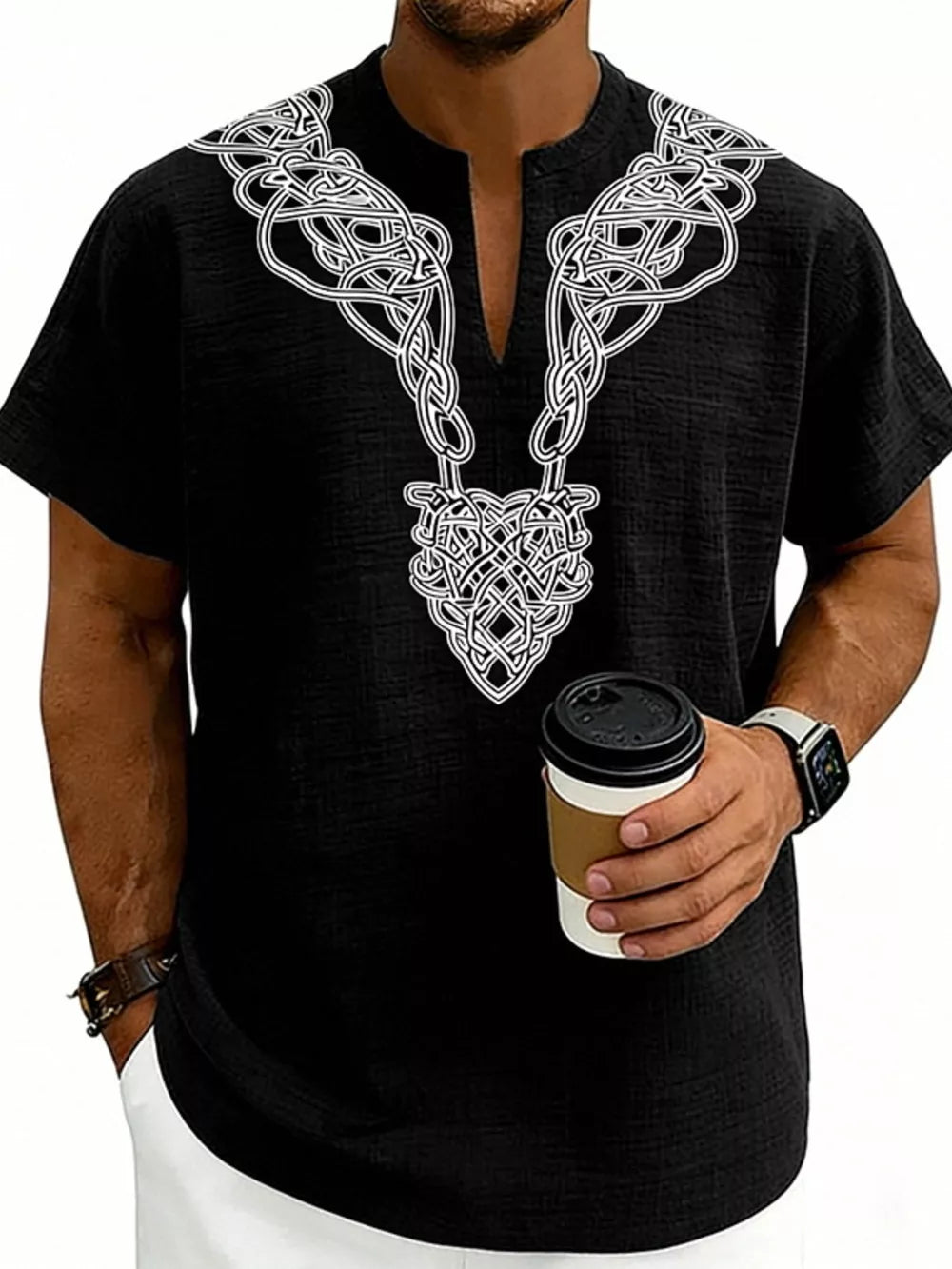 Men's Notched Printed Short Sleeve Shirt Plus Size in Black