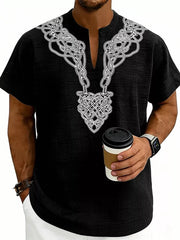 Men's Notched Printed Short Sleeve Shirt Plus Size in Black